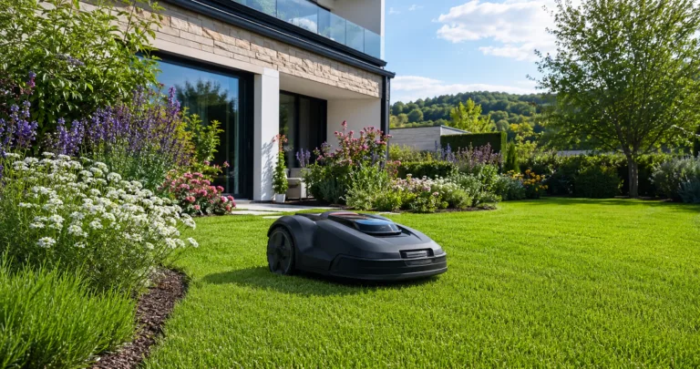 Robot tondeuse connecté installé dans un jardin