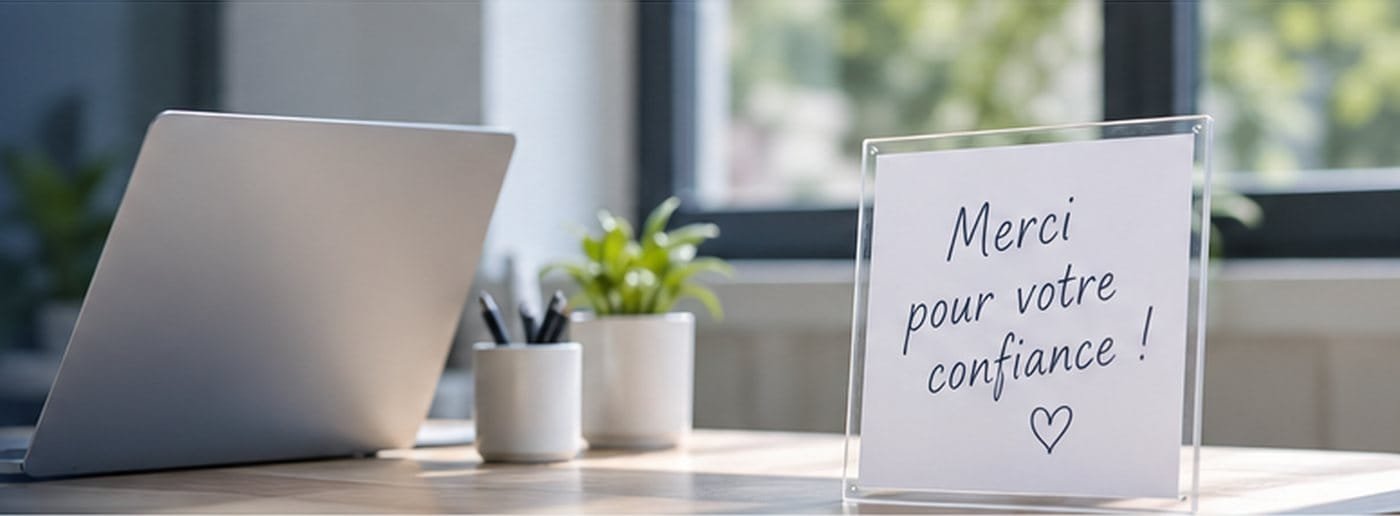 Carte « Merci pour votre confiance » posée sur un bureau