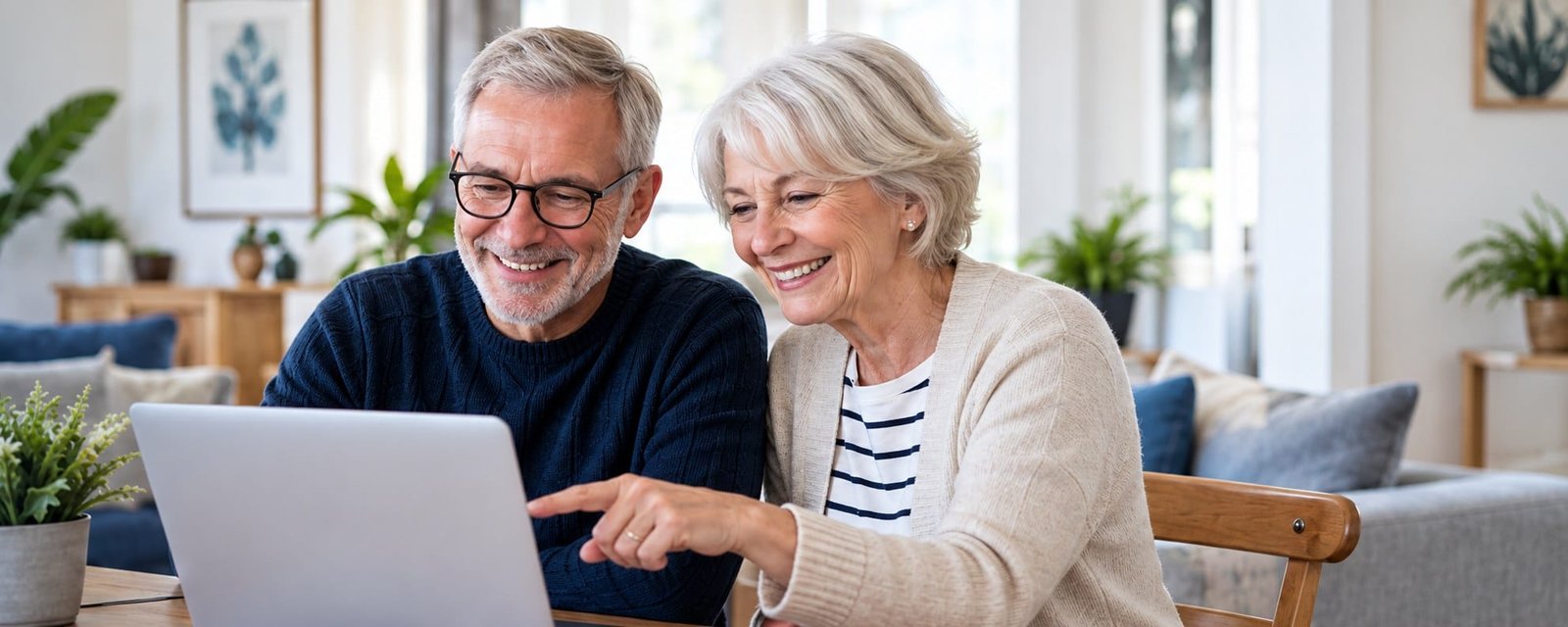 Couple de seniors souriant devant un ordinateur