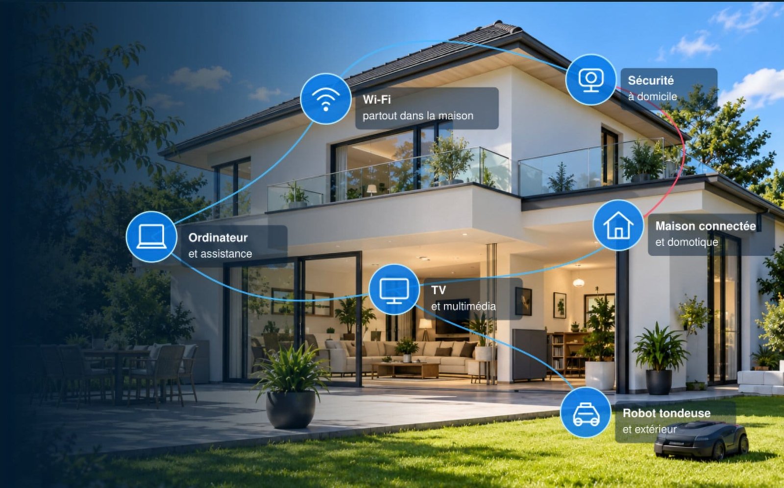 Maison connectée : ordinateur, Wi-Fi, télévision, sécurité, domotique et robot tondeuse reliés